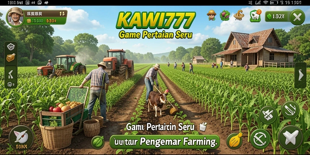Screenshot gameplay KAWI777 menampilkan ladang penuh warna dan aktivitas pertanian.